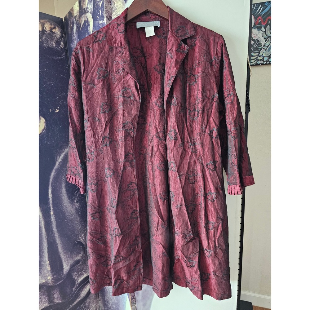 Carol Anderson California Burgundy Floral Embroidered Crinkle Duster Jacket Med